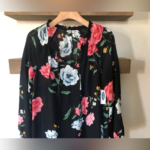 Old Navy|NWT black floral chiffon long sleeve dress,ruffle hem•••Medium - Picture 2 of 11